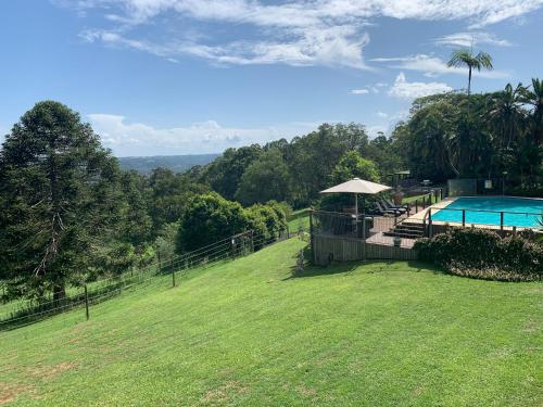 a house with a swimming pool and a grass field at Montville Holiday Apartments in Montville