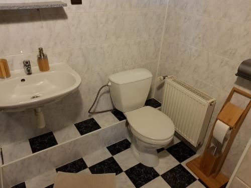 a bathroom with a white toilet and a sink at Vila Kamila in Tatranska Strba
