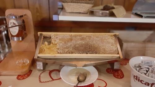 a beehive sitting on top of a counter with a spoon at Hotel Europa in Bardonecchia