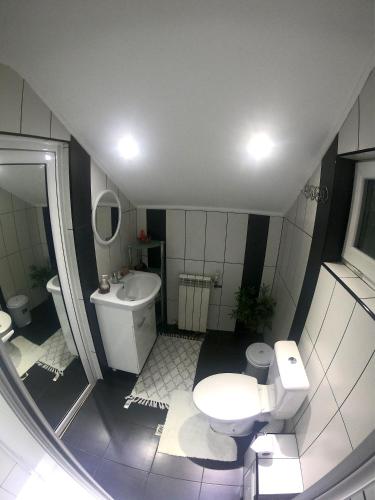 an overhead view of a bathroom with a toilet and sink at Вила в с. Габарево, Долината на Розите. in Gabarevo