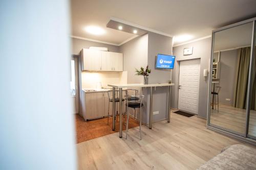 a small kitchen with a bar and a tv in a room at Lesi 3 Studio Apartment in Kyiv