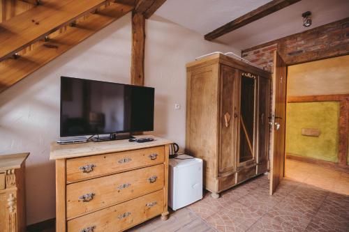 een woonkamer met een tv op een dressoir met een dressoir bij Pod Złotym Kasztanem in Duszniki Zdrój