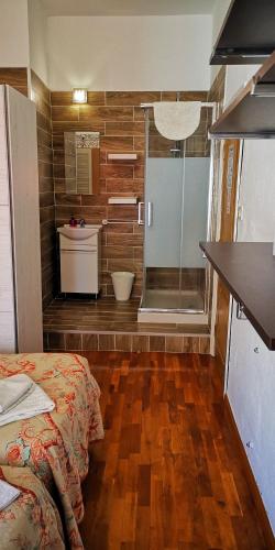 a bathroom with a shower and a bed in a room at El Oasis Canario in Tacoronte