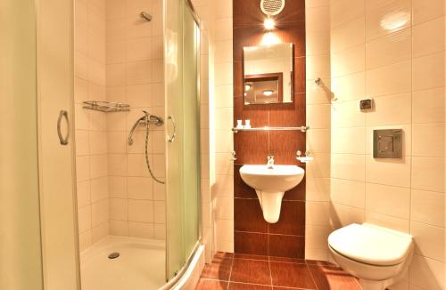 コウォブジェクにあるApartamenty PROMENADA-Arkaのバスルーム(洗面台、トイレ、シャワー付)