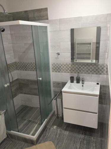 y baño con ducha y lavamanos. en Apartmán č. 2 Haliganda*** en Liptovský Hrádok