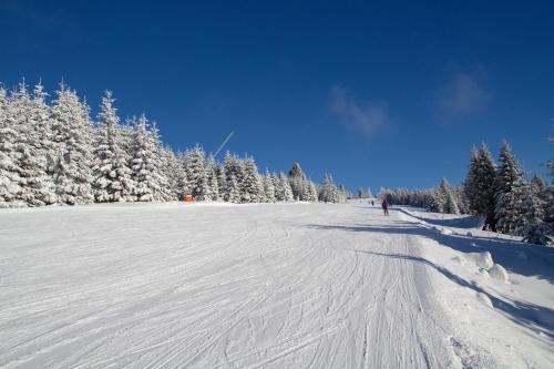 a person is skiing down a snow covered slope at Zamoček in Matiašovce