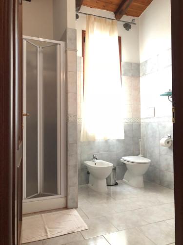 a bathroom with a shower and a toilet and a sink at Sa Dom'e Malloru in Burcèi