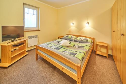 a bedroom with a large bed and a television at Apartmány Penzion Koula in Pec pod Sněžkou