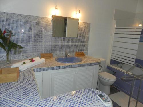 uma casa de banho com um lavatório e um WC em VILLA LE BORD BLEU em Le Moule