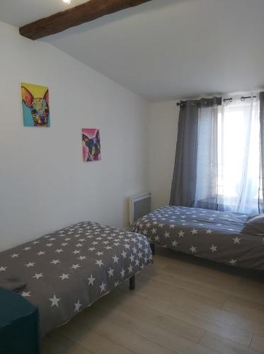 1 dormitorio con 2 camas y ventana en La Tanière en Sorcy-Saint-Martin
