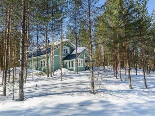 een groen huis in het bos in de sneeuw bij Holiday Home Huuhkalinna by Interhome in Syöte