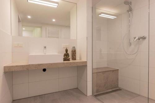 a white bathroom with a sink and a shower at Bliesransbacher 8 in Saarbrücken