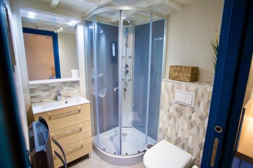 uma casa de banho com um chuveiro, um WC e um lavatório. em Tiny Stud em Pau