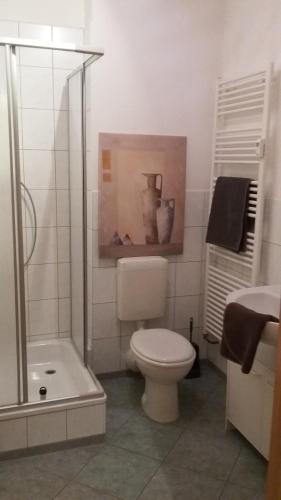 La salle de bains est pourvue d'une douche et de toilettes. dans l'établissement 1-Raum Wohnung Eiche, à Zittau