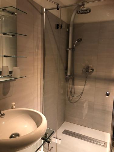 een badkamer met een douche en een wastafel bij Exklusive Ferienwohnung in Außervillgraten