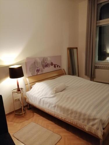 1 dormitorio con cama, lámpara y ventana en Wohnung im historischen Altbau von 1899, en Zittau