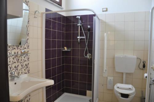 a bathroom with a shower and a sink and a toilet at Regalpetra Hotel in Racalmuto