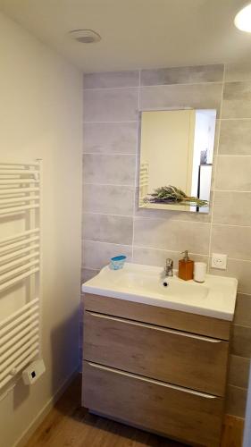 une salle de bain avec un lavabo et un miroir dans l'établissement Studios tout équipés, à Cosne-Cours-sur-Loire