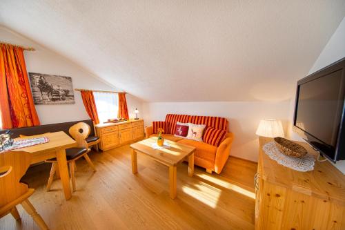 a living room with a couch and a tv at Ferienwohnungen Behamhof in Neukirchen am Großvenediger