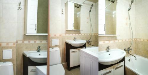 een badkamer met 2 wastafels, een toilet en spiegels bij Pobedy avenue in Charkov
