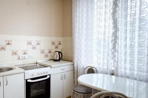 een kleine keuken met een wastafel en een aanrecht bij Pobedy avenue in Charkov