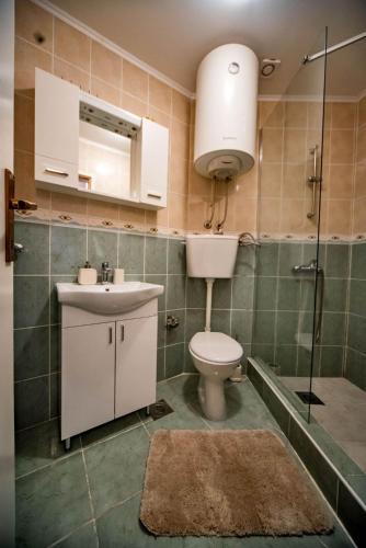 a bathroom with a toilet and a sink and a mirror at Apartments Marković in Kotor