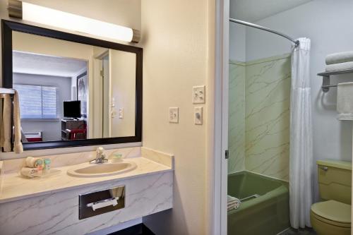 a bathroom with a sink and a mirror and a shower at Expedition Lodge in Moab