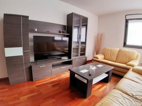 una sala de estar con un gran centro de entretenimiento con TV de pantalla plana en El Mirador de Valorio, con desayuno, garaje y piscina! en Zamora