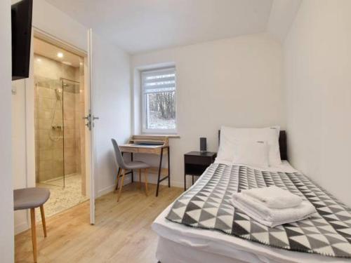 a bedroom with a bed and a shower and a desk at Pokoje Na Szlaku in Lądek-Zdrój