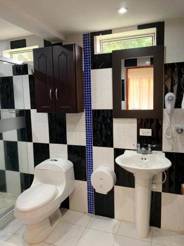 a bathroom with a toilet and a sink at Finca Hotel la Manuela in Armenia