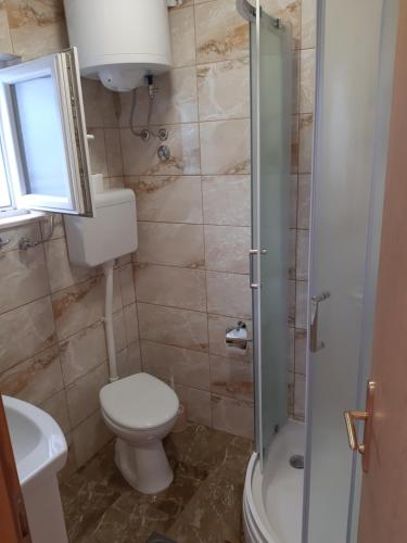 a small bathroom with a toilet and a shower at Apartmani Josip in Putniković