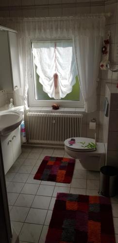 uma casa de banho com um lavatório, um WC e uma janela. em Ferienhaus Gemütlichkeit em Mehlmeisel