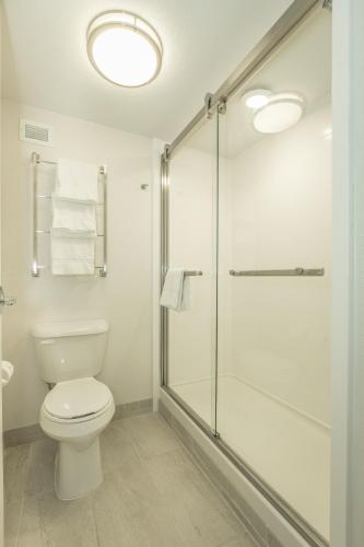 a bathroom with a toilet and a glass shower at Holiday Inn Hotel and Suites Peachtree City by IHG in Peachtree City