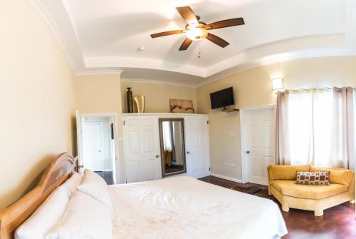a bedroom with a bed and a ceiling fan at Blue Paloma Bed & Breakfast in Lucea