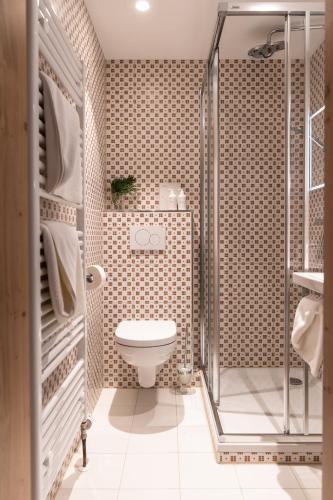 a bathroom with a toilet and a shower at Mari Pop Hotel in Ried im Zillertal
