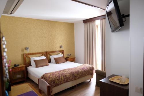 a hotel room with a bed and a television at Hotel Dona Sofia in Braga