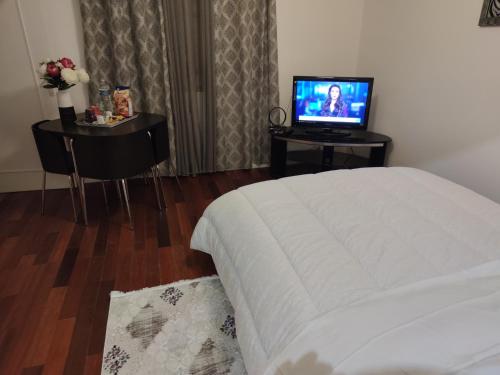 um quarto com uma cama e uma televisão numa mesa em Appartement tout équipé au calme - RefKL em Montfermeil
