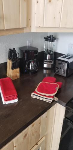 a kitchen counter with red towels and a blender at Sierra Meadows Ranch in Mammoth Lakes