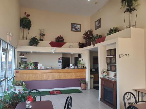 a restaurant with a counter with plants on the wall at Super 7 Inn Tecumseh in Tecumseh