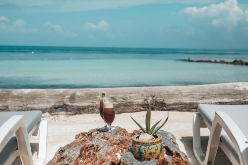 a drink sitting on top of a rock on the beach at Tintipan Cabana SalSiPuedes in Tintipan Island