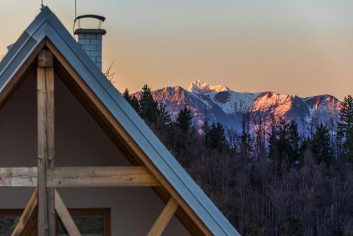 a roof of a house with mountains in the background at House On The Hill (Hiška Na Griču) in Spodnja Idrija