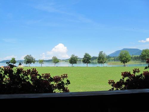 a field of grass with a lake in the background at Gästehaus Seeklause in Schwangau