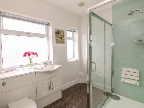 a bathroom with a glass shower and a sink at Bolenowe in Polzeath