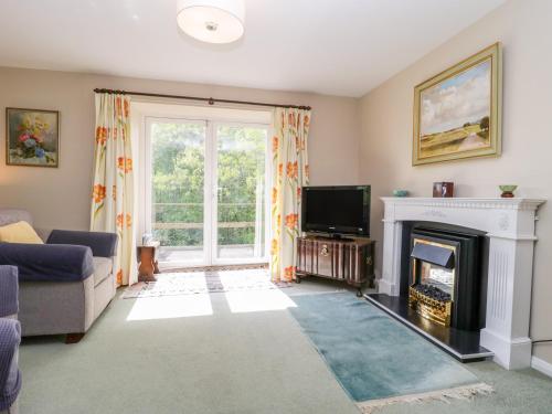 a living room with a fireplace and a television at Old Ford Farm Annexe in Widworthy