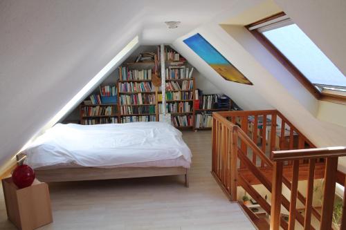 a bedroom with a bed and a book shelf with books at Ferienwohnung im Galerie-Haus in Urbar