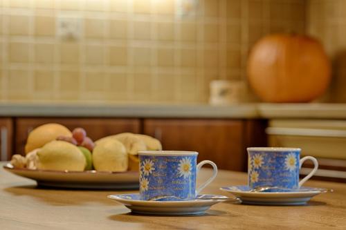 two cups and a plate of fruit on a table at Romance Ubytování in Jindrichuv Hradec