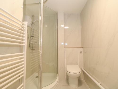 uma casa de banho branca com um chuveiro e um WC. em Frodos em Henstridge