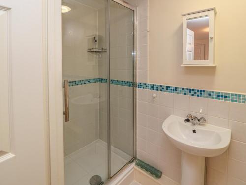 a bathroom with a shower and a sink at Old Sweet Shop in Saltfleetby Saint Peter