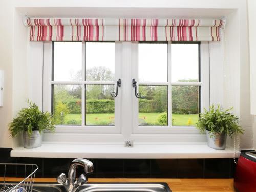 a window above a kitchen sink with two potted plants at Waggoner's Cottage in Bessingby