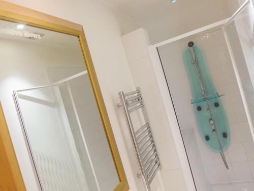 een badkamer met een douche met een blauw voorwerp aan de muur bij 2 Primitive Mews in Chelmorton